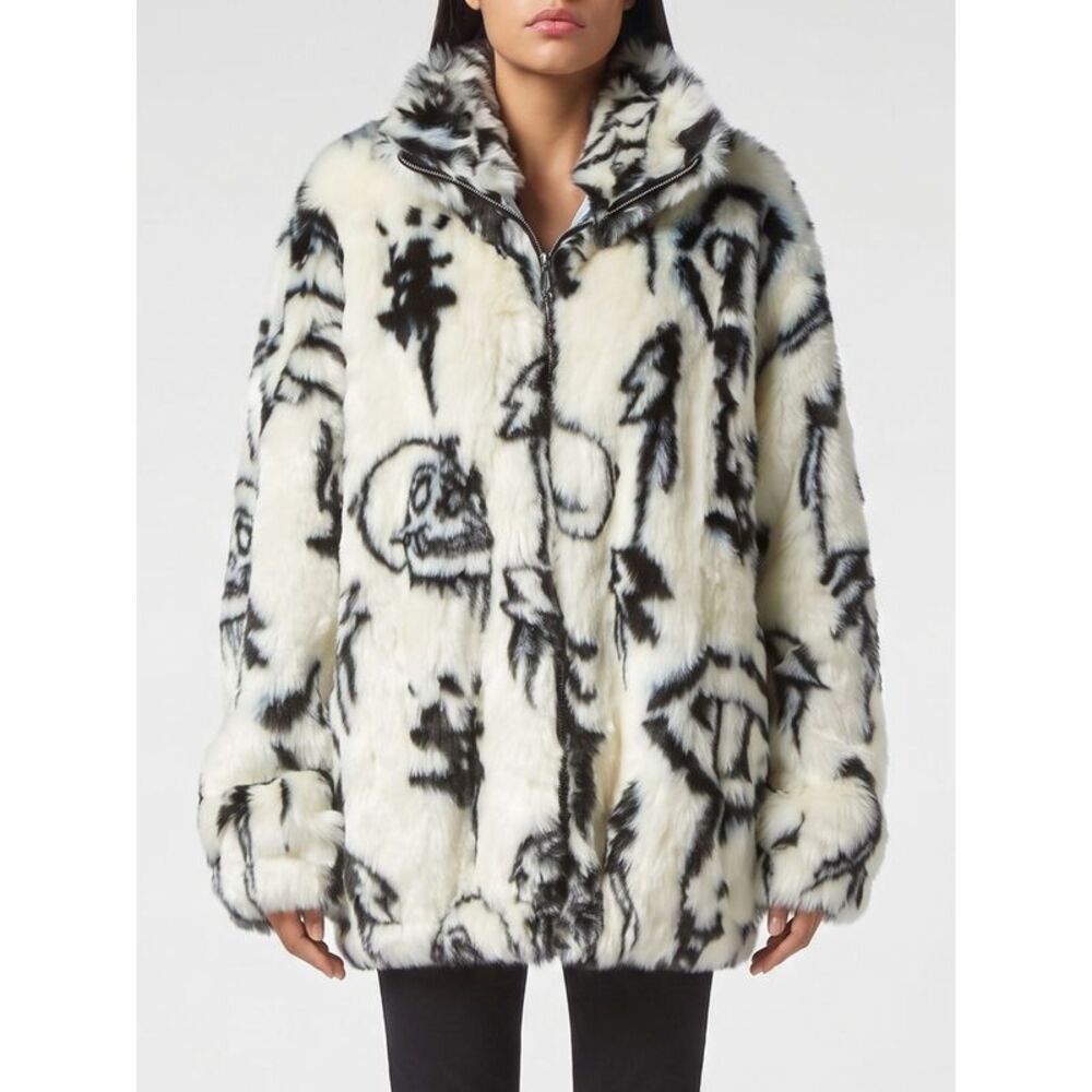 Philipp Plein Graphic Print Cropped Faux Fur Jacket With High Neck